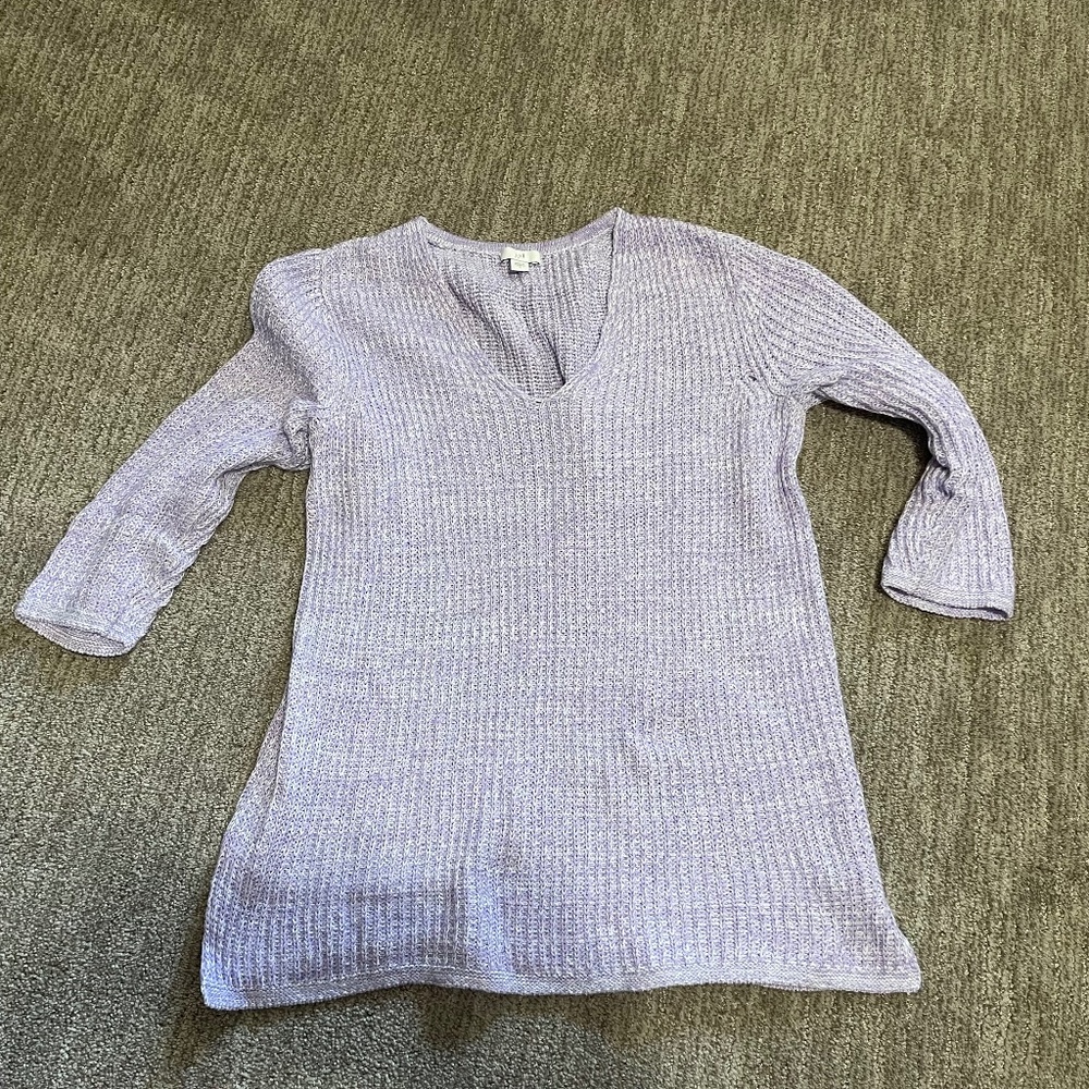 Women’s Ribbed V-Neck Sweater Purple Size Small | Cotton Blend 3/4 Sleeve Marled